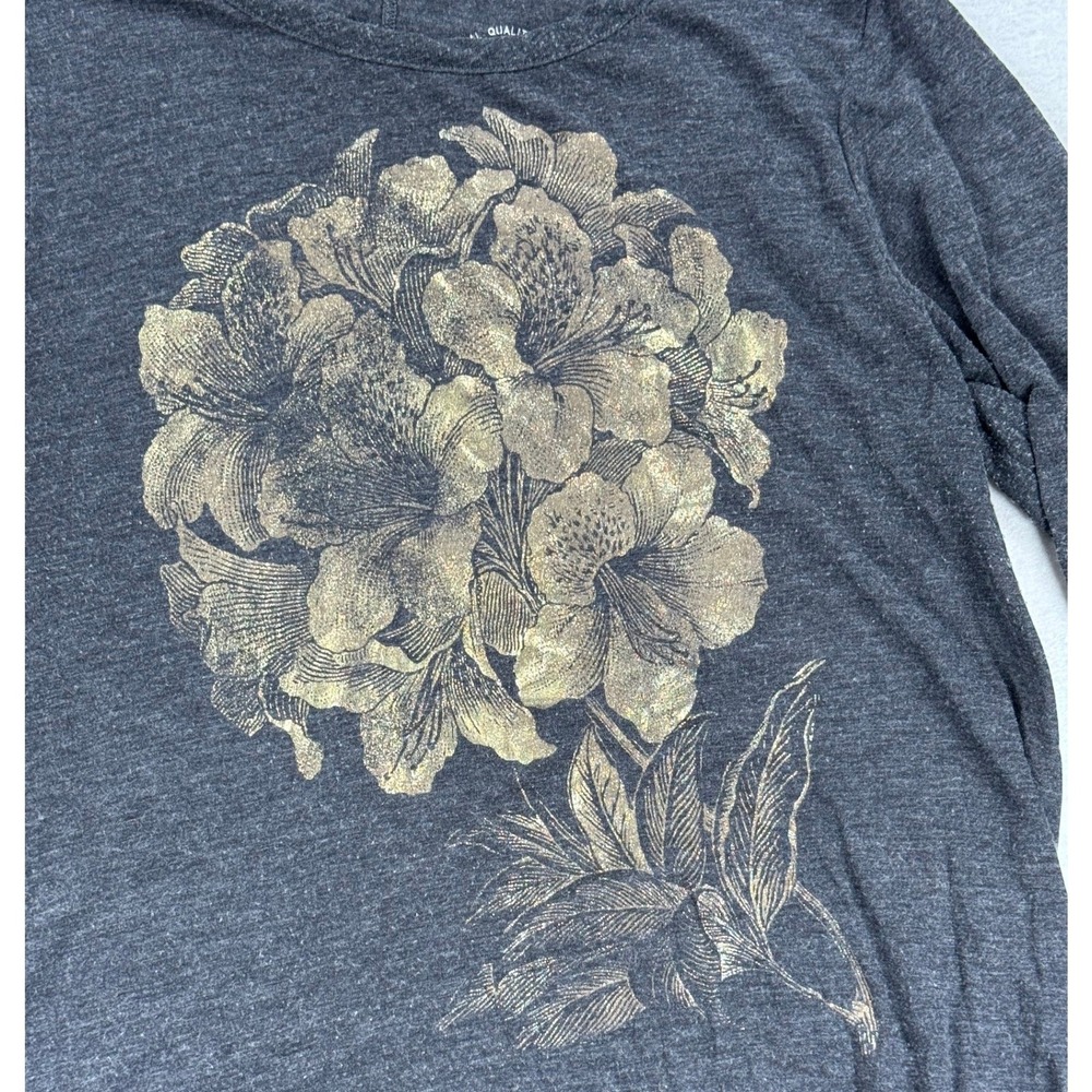 Lucky Brand Mens Charcoal Gray Gold Metallic Floral High Low Long Sleeve Top M - Picture 2 of 6